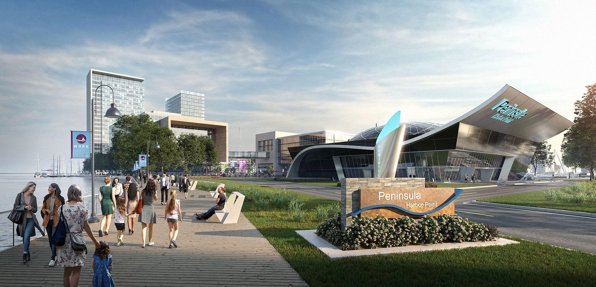 Guests utilize the pier next to the Peninsula Harborpoint entrance sign