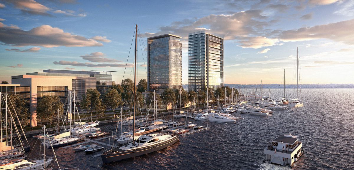 South view of Peninsula Harborpoint campus next to a marina