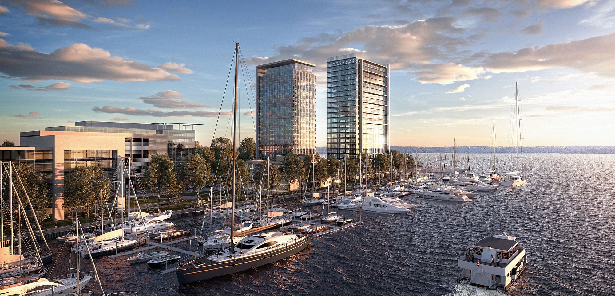 South view of Peninsula Harborpoint campus next to a marina