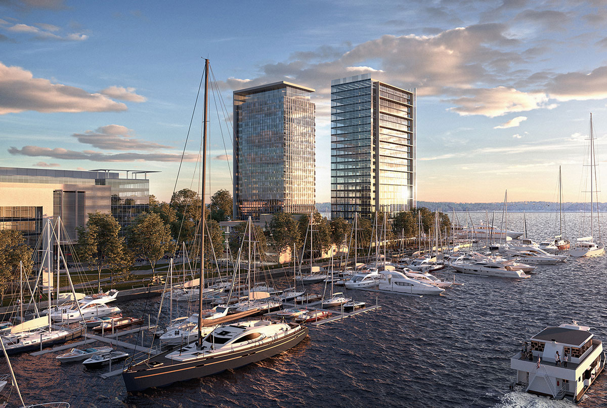 South view of Peninsula Harborpoint campus next to a marina
