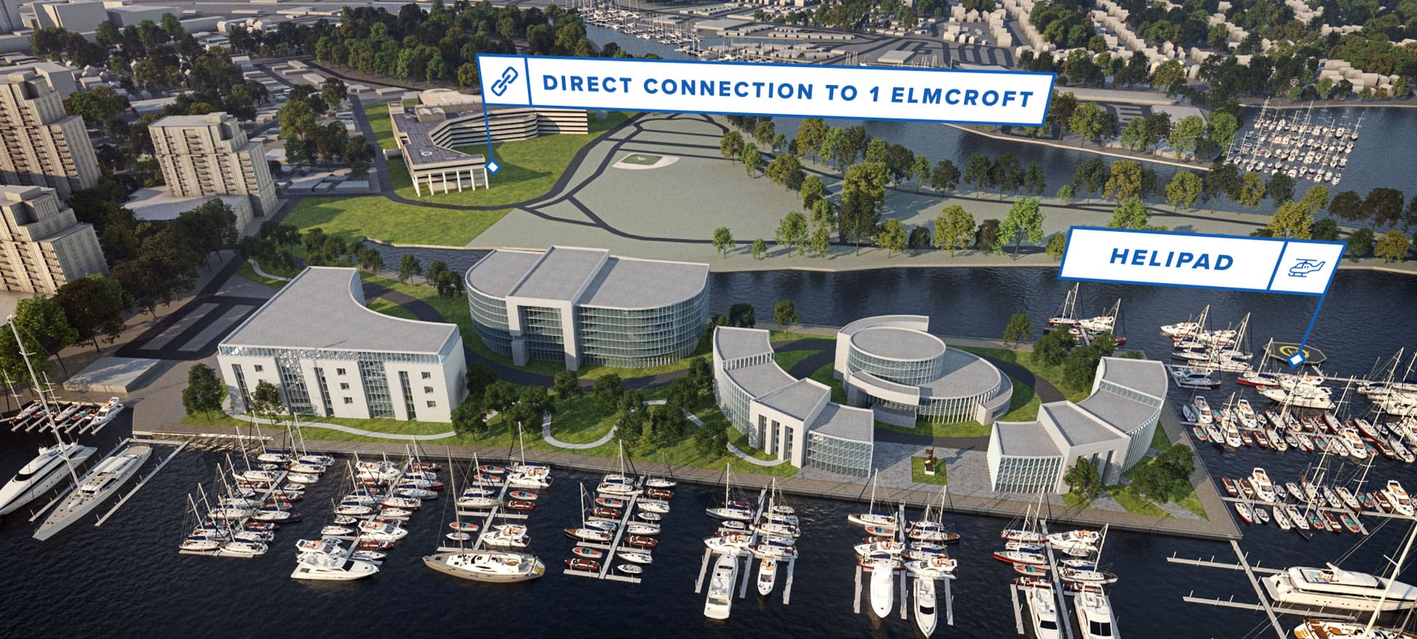 3 glass commercial buildings on the water